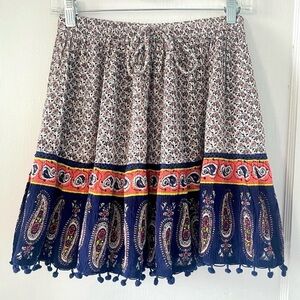 Alya Boho Paisley Skirt Small Elastic Waist Pom Pom Hem Lined